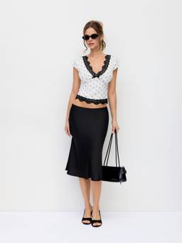 Cider - Polka Dot Women's Lace Trim V-Neck Short Sleeve Cami Top White