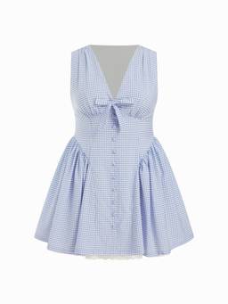 Cider - Gingham V-Neck Lace Panel Bowknot Babydoll Blue