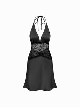Cider - Satin Women's Lace Panel Halter Neck Nightdress Black