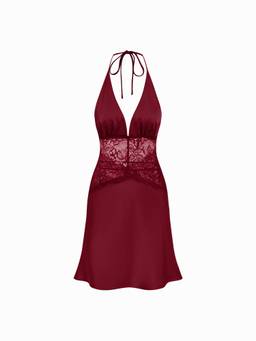 Cider - Satin Lace Women's Halter Neck Lace Panel Nightdress Wine
