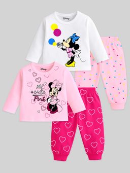 Kuchipoo - Baby Girl White & Pink Minnie Mouse Regular Fit Cotton Co-Ord (Pack of 4)