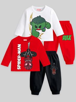 Kuchipoo - Multi-Color Hulk & Spider-Man Printed Regular Fit Cotton Co-Ord (Pack of 4)