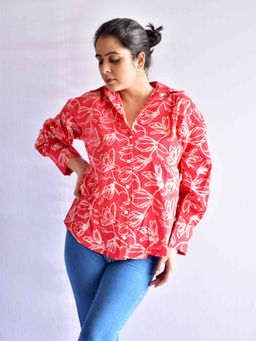 Sundarii - Scarlet Printed Cotton Oversized Shirt