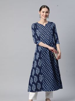 Vbuyz - Womens Print & Hand Work A-Line Cotton Blue Stitched Kurta