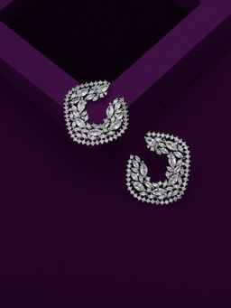 Carlton London - Premium Silver Toned Cubic Zirconia Studded Rhodium-Plated Square Stud Earrings