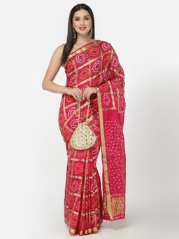 KISHORI - Women Silk Bandhani and Zari Weaving Saree with Unstitched Blouse - Pink