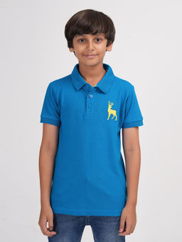 ZION - Boys Pique Polo T-Shirt with Deer Embroidery Indigo
