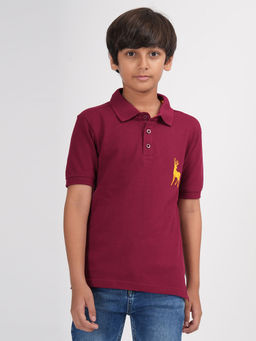 ZION - Boys Pique Polo T-Shirt with Deer Embroidery Maroon