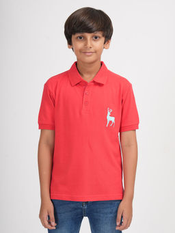ZION - Boys Pique Polo T-Shirt with Deer Embroidery Coral