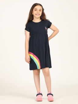 ZION - Girls Rainbow Print Fit and Flare Dress Black
