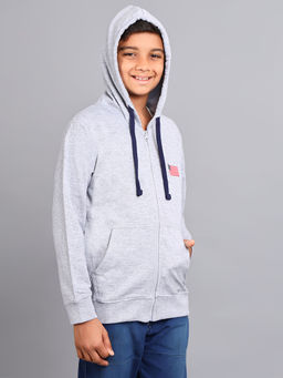 ZION - Boys Solid Front Open Hooded Sweatshirt with Flag Embroidery Grey
