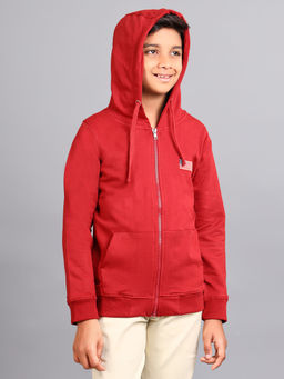 ZION - Boys Solid Front Open Hooded Sweatshirt with Flag Embroidery Burgundy