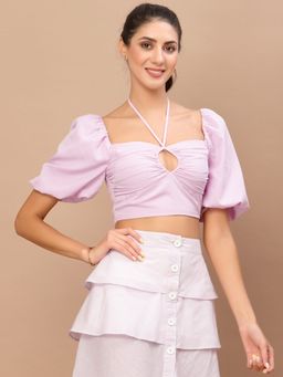 KASSUALLY - Lavender Solid Puff Sleeves Crepe Crop Fitted Top