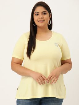 theRebelinme - Plus Size Women Pale Yellow Solid Color Round Neck T-Shirt