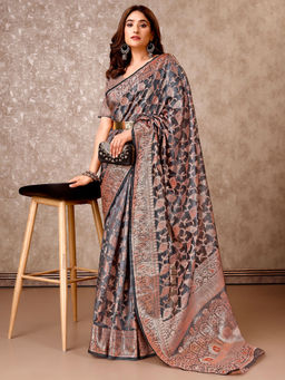 SANSKAR - Grey Silk Jacquard Zari Weaved Saree with Unstitched Blouse