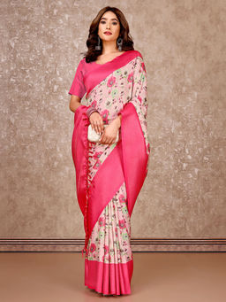 SANSKAR - Pink Floral Silk Jacquard Digital Print Tassel Saree with Unstitched Blouse