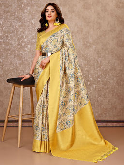 SANSKAR - Yellow Floral Silk Jacquard Digital Print Tassel Saree with Unstitched Blouse