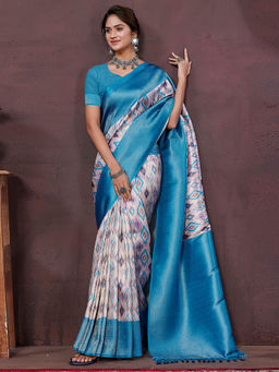 SANSKAR - Turquoise Ikat Pure Khadi Silk Zari Digital Print Saree with Unstitched Blouse