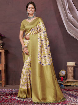 SANSKAR - Multi Ikat Pure Khadi Silk Zari Weaved Digital Print Saree with Unstitched Blouse