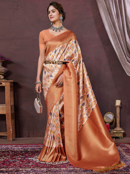 SANSKAR - Orange Ikat Pure Khadi Silk Zari Weaved Digital Print Saree with Unstitched Blouse