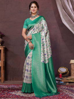 SANSKAR - Green Ikat Pure Khadi Silk Zari Weaved Digital Print Saree with Unstitched Blouse