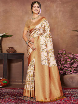 SANSKAR - Mustard Leaf Pure Khadi Silk Zari Weaved Digital Print Saree with Unstitched Blouse
