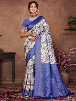 SANSKAR - Blue Leaf Pure Khadi Silk Zari Weaved Digital Print Saree with Unstitched Blouse