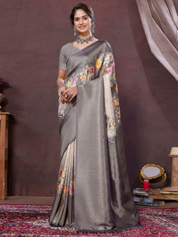 SANSKAR - Dark Grey Floral Pure Khadi Silk Zari Digital Print Saree with Unstitched Blouse