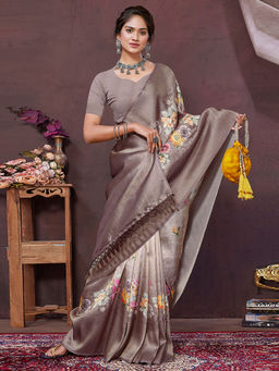 SANSKAR - Grey Floral Pure Khadi Silk Zari Weaved Digital Print Saree with Unstitched Blouse