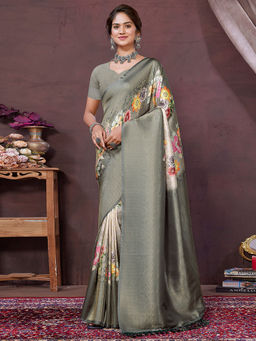 SANSKAR - Green Floral Pure Khadi Silk Zari Digital Print Saree with Unstitched Blouse