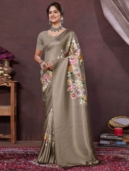SANSKAR - Green Floral Pure Khadi Silk Zari Weaved Digital Print Saree with Unstitched Blouse