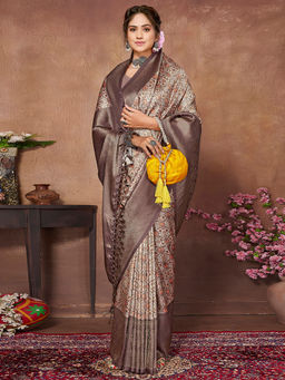 SANSKAR - Brown Geometric Pure Khadi Silk Zari Digital Print Saree with Unstitched Blouse