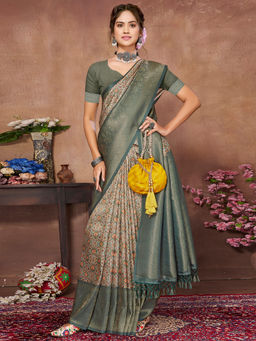 SANSKAR - Green Geometric Pure Khadi Silk Zari Digital Print Saree with Unstitched Blouse