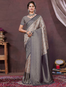SANSKAR - Grey Geometric Pure Khadi Silk Zari Digital Print Saree with Unstitched Blouse