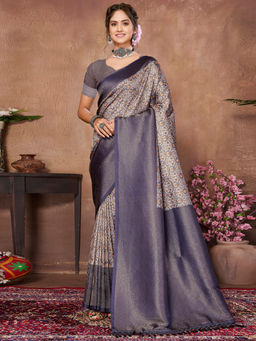 SANSKAR - Blue Geometric Pure Khadi Silk Zari Digital Print Saree with Unstitched Blouse