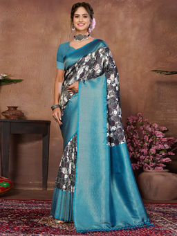 SANSKAR - Turquoise Geometric Pure Khadi Silk Zari Digital Print Saree with Unstitched Blouse