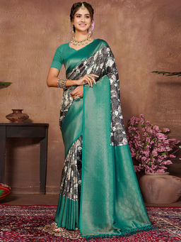 SANSKAR - Green Geometric Pure Khadi Silk Zari Digital Print Saree with Unstitched Blouse