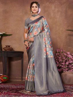 SANSKAR - Grey Floral Pure Khadi Silk Zari Weaved Digital Print Saree with Unstitched Blouse
