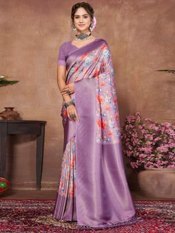 SANSKAR - Lavender Floral Pure Khadi Silk Zari Digital Print Saree with Unstitched Blouse