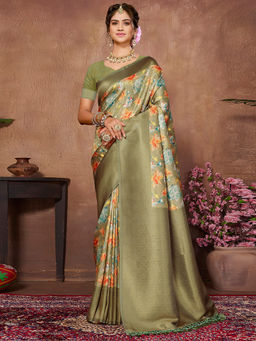 SANSKAR - Green Floral Pure Khadi Silk Zari Weaved Digital Print Saree with Unstitched Blouse