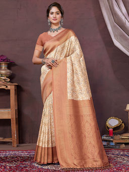SANSKAR - Brown Leaf Pure Khadi Silk Zari Weaved Digital Print Saree with Unstitched Blouse