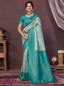 SANSKAR - Turquoise Leaf Pure Khadi Silk Zari Digital Print Saree with Unstitched Blouse