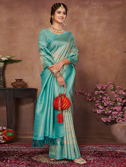 SANSKAR - Turquoise Floral Pure Khadi Silk Zari Digital Print Saree with Unstitched Blouse