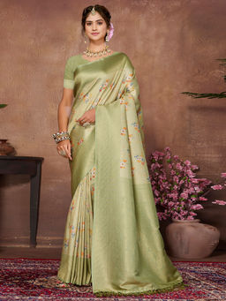 SANSKAR - Green Floral Pure Khadi Silk Zari Weaved Digital Print Saree with Unstitched Blouse