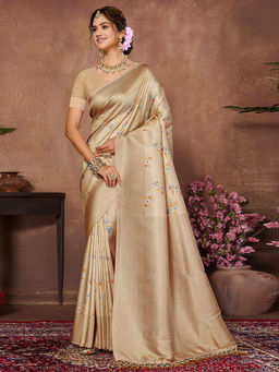SANSKAR - Beige Floral Pure Khadi Silk Zari Weaved Digital Print Saree with Unstitched Blouse