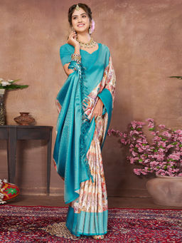 SANSKAR - Turquoise Leaf Pure Khadi Silk Zari Digital Print Saree with Unstitched Blouse
