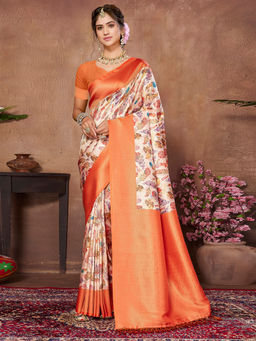 SANSKAR - Orange Leaf Pure Khadi Silk Zari Weaved Digital Print Saree with Unstitched Blouse