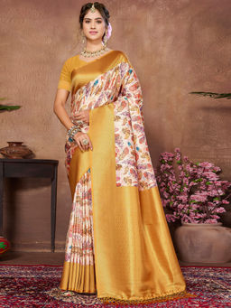 SANSKAR - Yellow Leaf Pure Khadi Silk Zari Weaved Digital Print Saree with Unstitched Blouse
