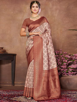 SANSKAR - Brown Paisley Pure Khadi Silk Zari Weaved Digital Print Saree with Unstitched Blouse