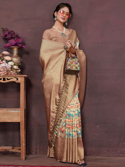 SANSKAR - Beige Floral Pure Khadi Silk Zari Weaved Digital Print Saree with Unstitched Blouse